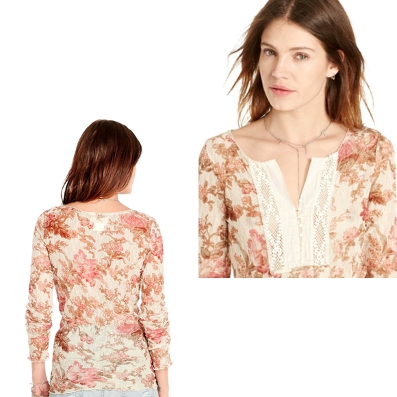 Denim & Supply Ralph Lauren Floral Print Lace Henley Claire Top Size Medium - Picture 3 of 16